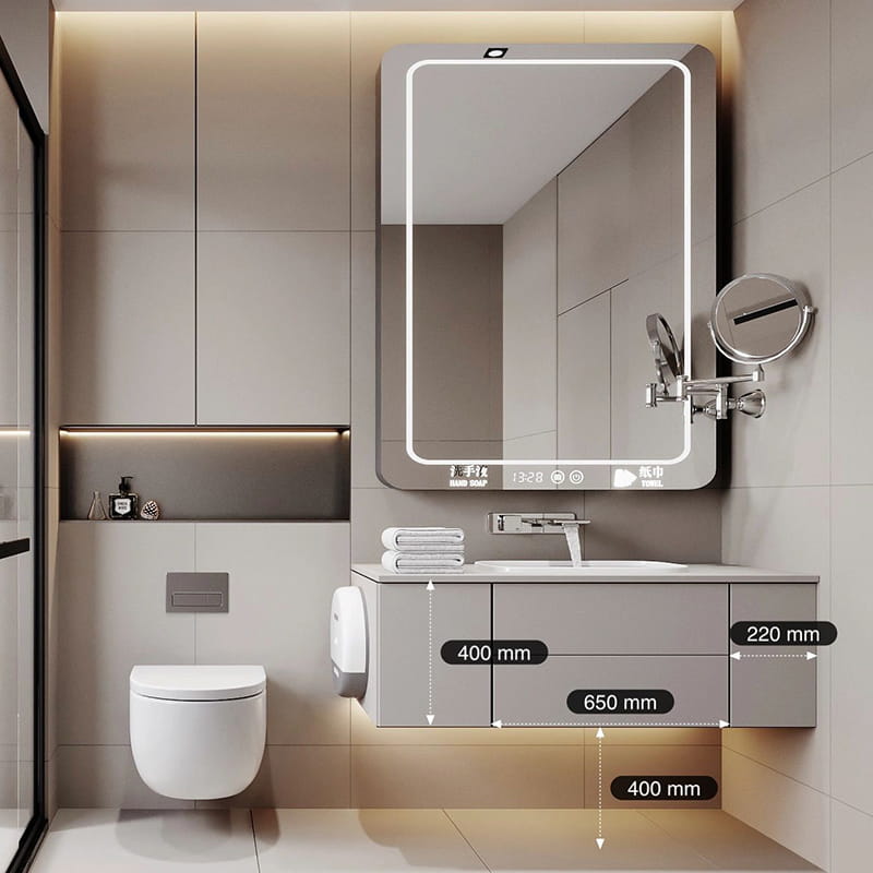 Bàn trang điểm phòng tắm màu xám cao cấp có cấu trúc hình học treo thông minh